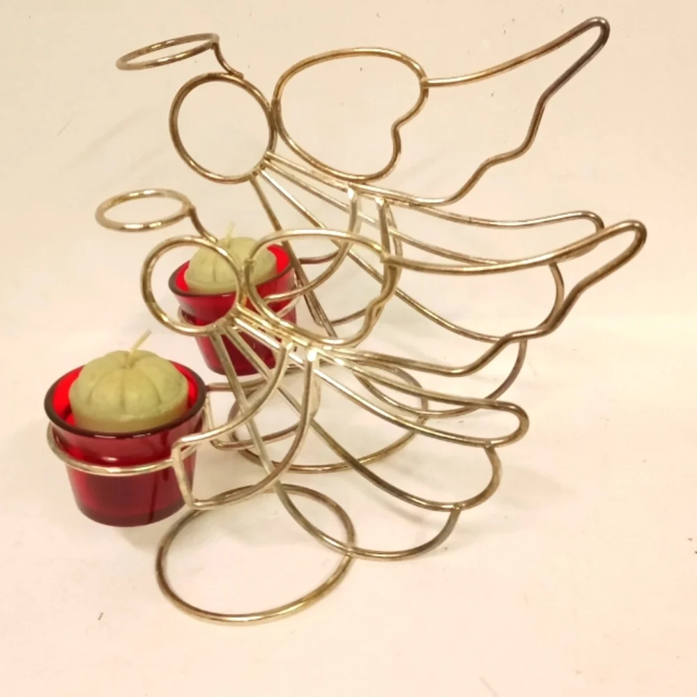 2 Angel Cherub Figurine Goldtone Wire Metal Tealight, Candles